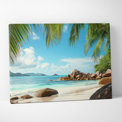 Beige canvas print of Seychelles tropical beach with turquoise ocean, palm trees and rocks