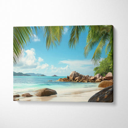 Beige canvas print of Seychelles tropical beach with turquoise ocean and palm trees