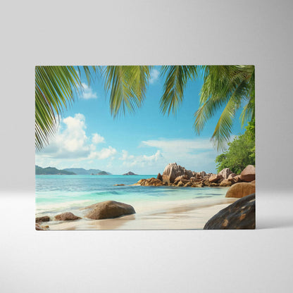 Canvas print of Seychelles tropical beach with turquoise ocean and palm trees