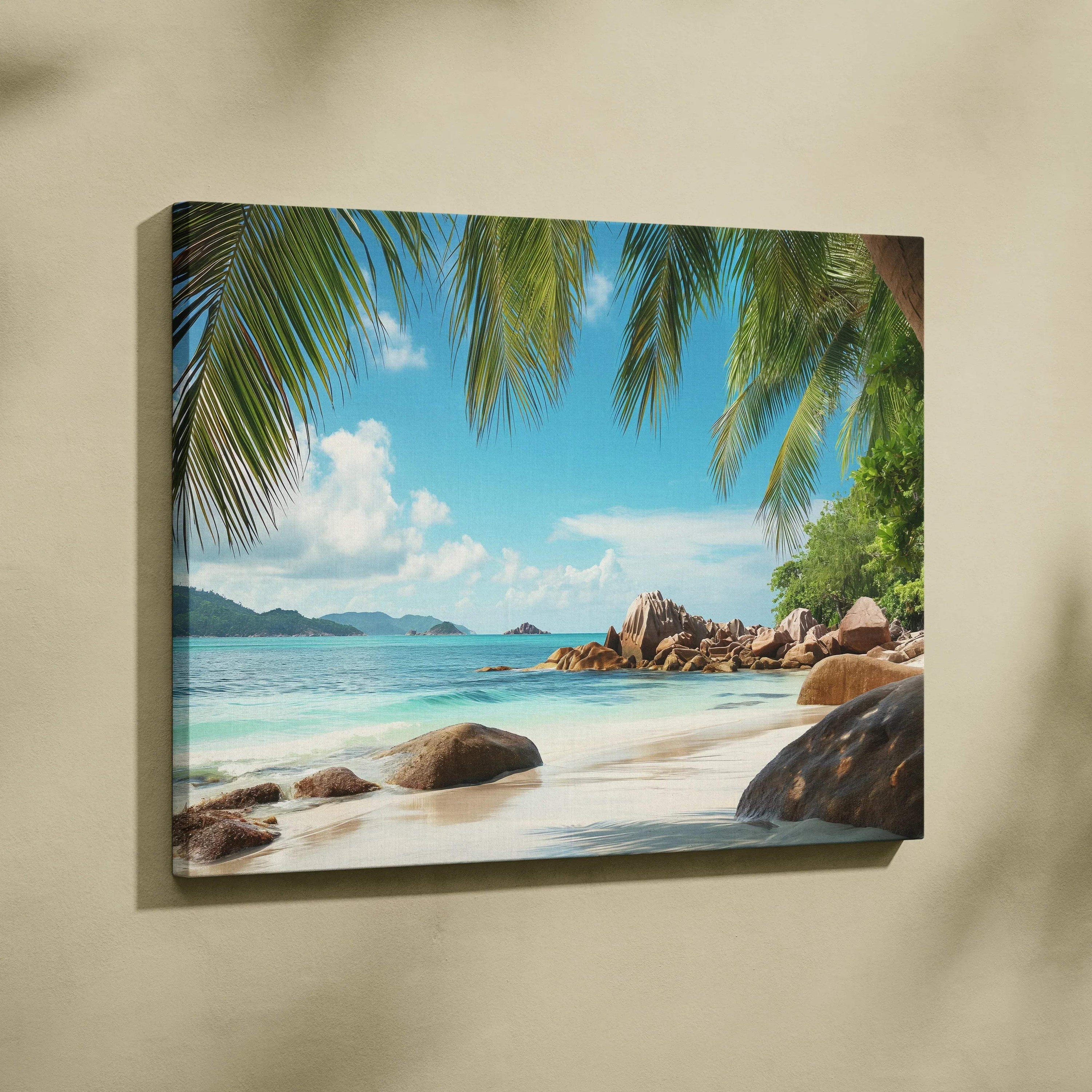 Beige canvas wall art of Seychelles tropical beach with turquoise ocean and palms