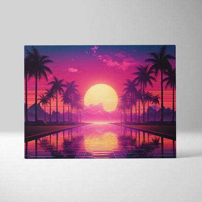 Vibrant retro synthwave canvas print of pink purple sunset over palm trees in neon glow