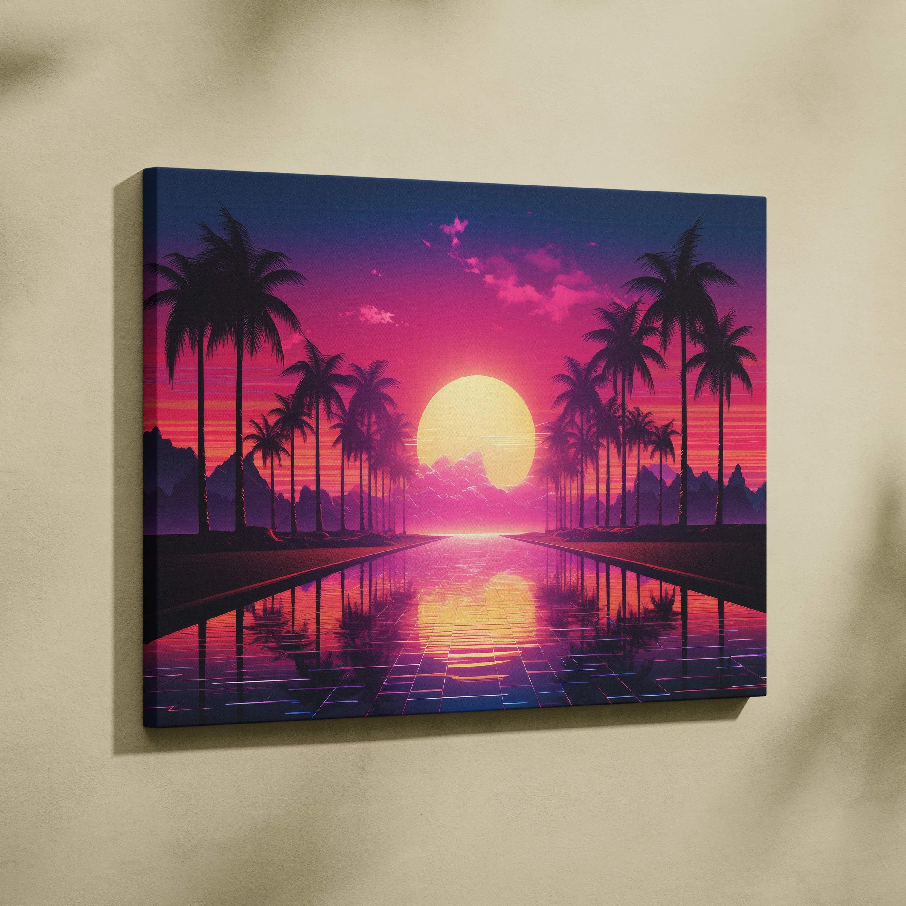Vibrant retro synthwave canvas print of neon pink purple sunset with palm trees