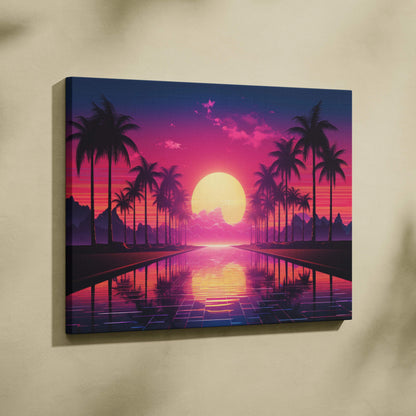 Vibrant retro synthwave canvas print of neon pink purple sunset with palm trees