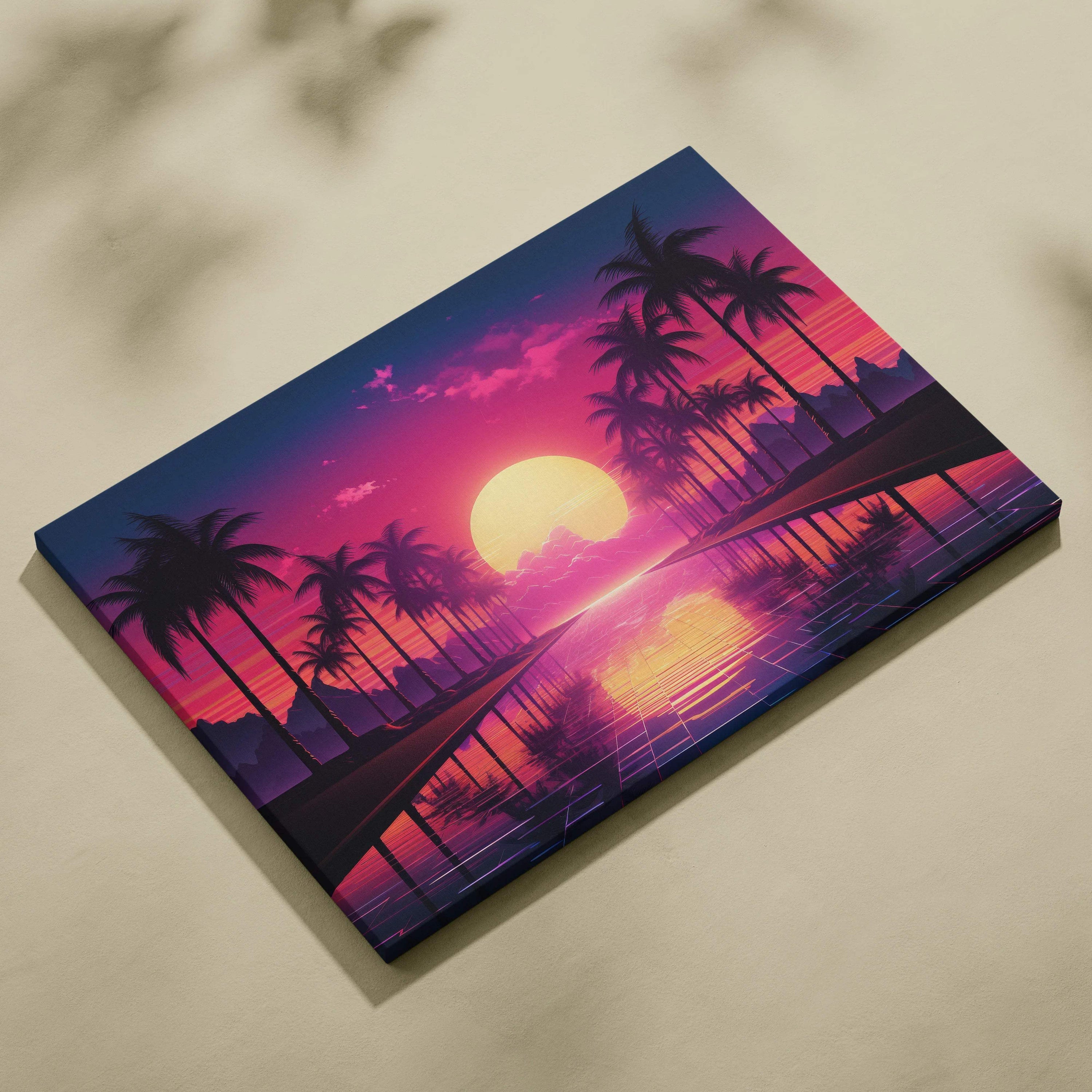 Vibrant retro synthwave canvas print of pink purple sunset over palm trees on neon horizon
