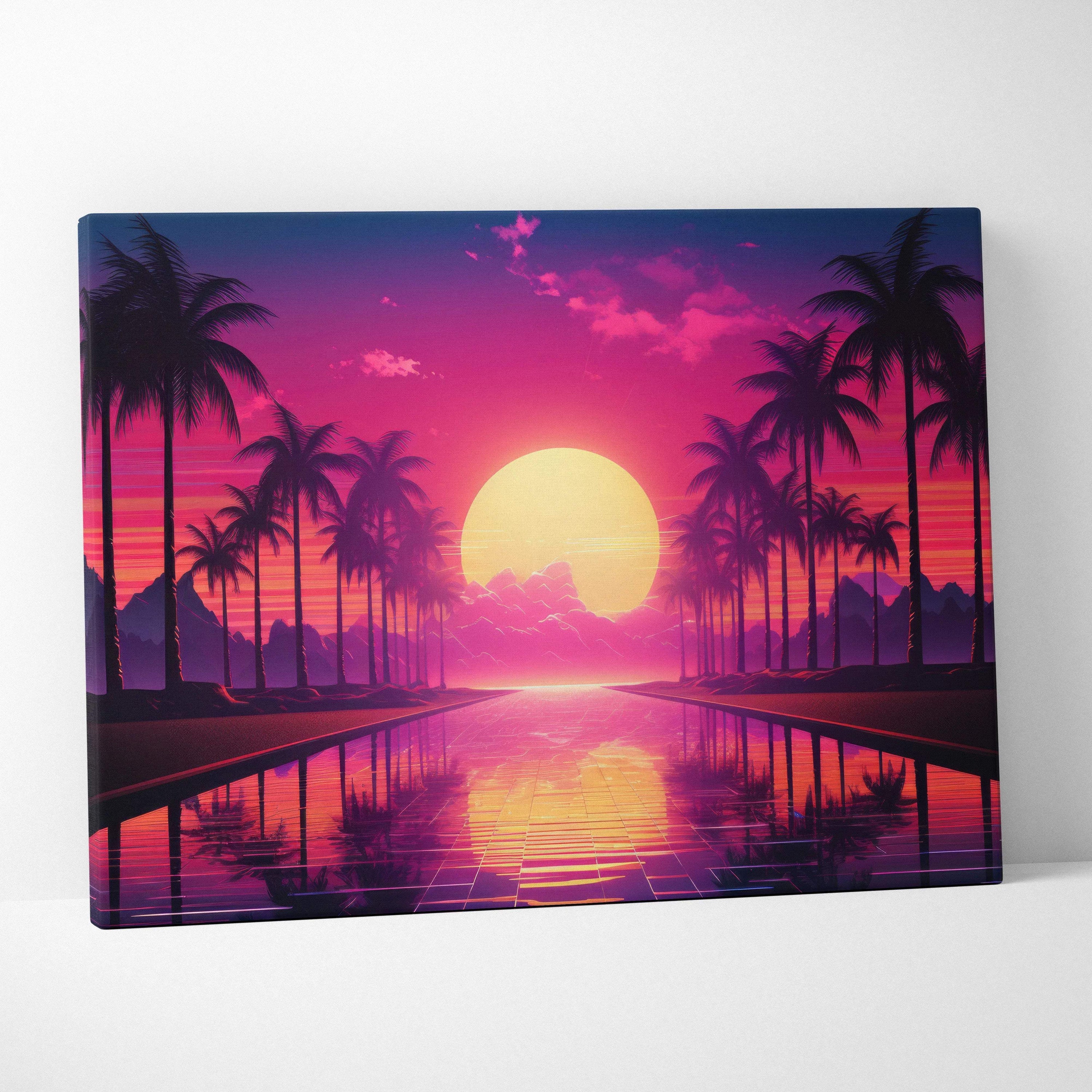 Vibrant retro synthwave canvas print of pink purple sunset over palm trees in neon glow
