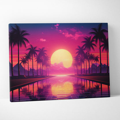 Vibrant retro synthwave canvas print of pink purple sunset over palm trees in neon glow