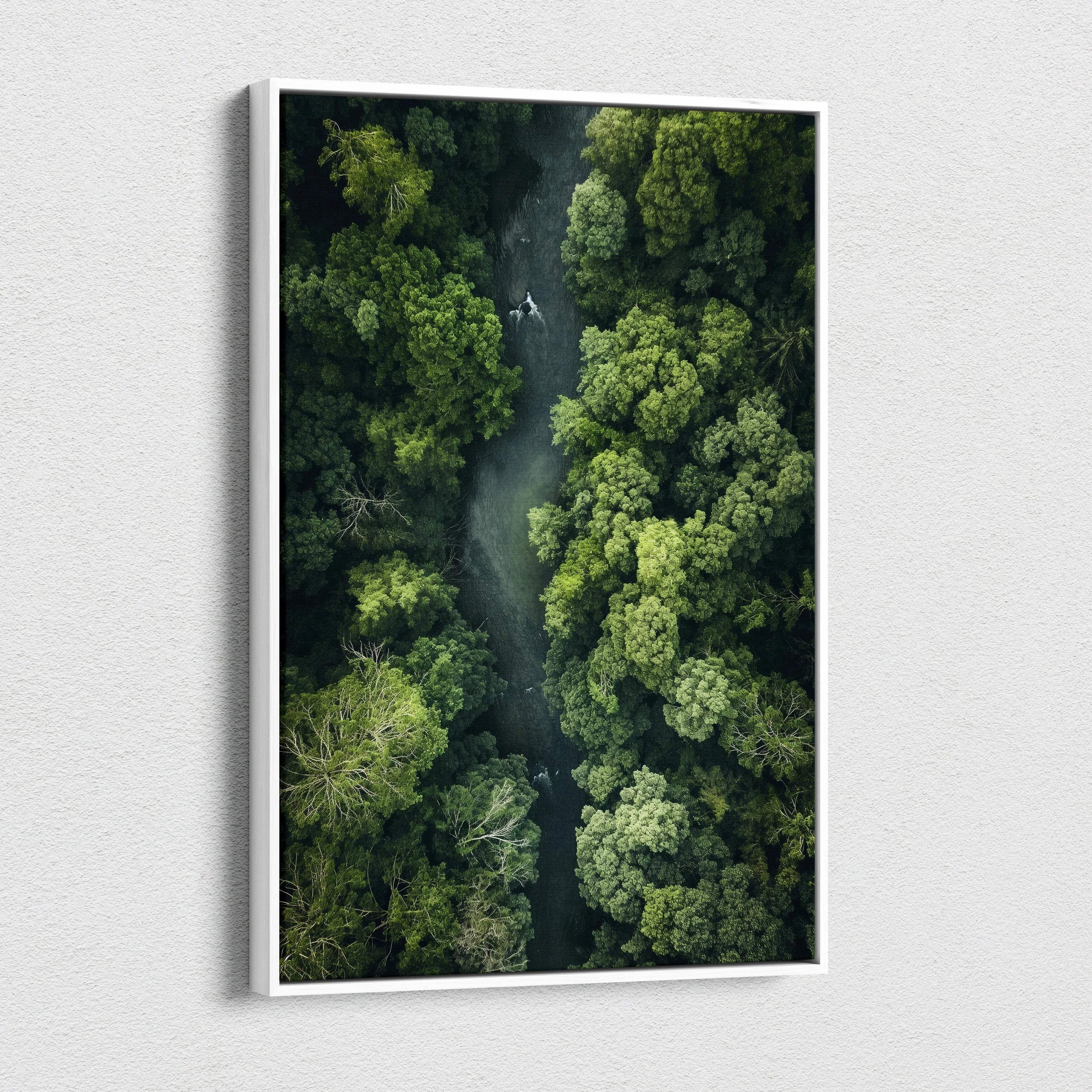 Vertical canvas wall art featuring a serene forest river landscape with dense towering green trees decor.