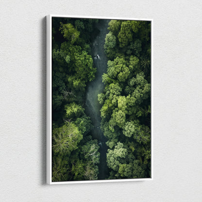 Vertical canvas wall art featuring a serene forest river landscape with dense towering green trees decor.