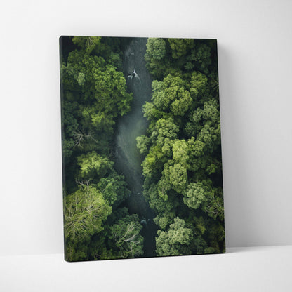 Vertical canvas wall art featuring a serene river flowing through dense green forest landscape decor.
