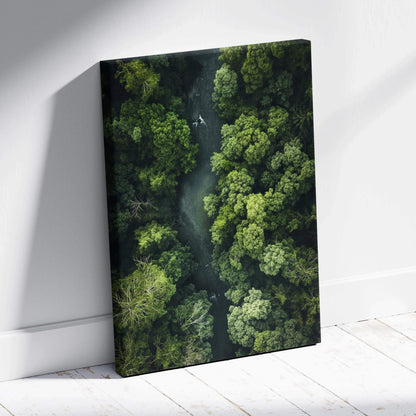 Vertical canvas wall art featuring a serene forest river with lush green trees decor.