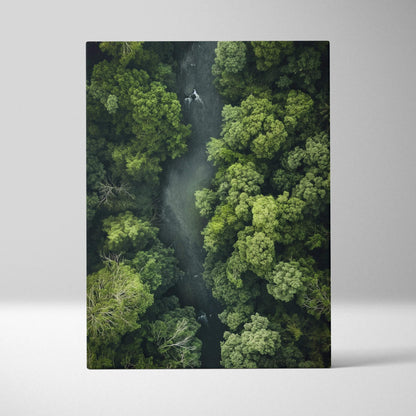 Canvas wall art showing an aerial view of a forest river winding through dense green trees, serene nature decor.