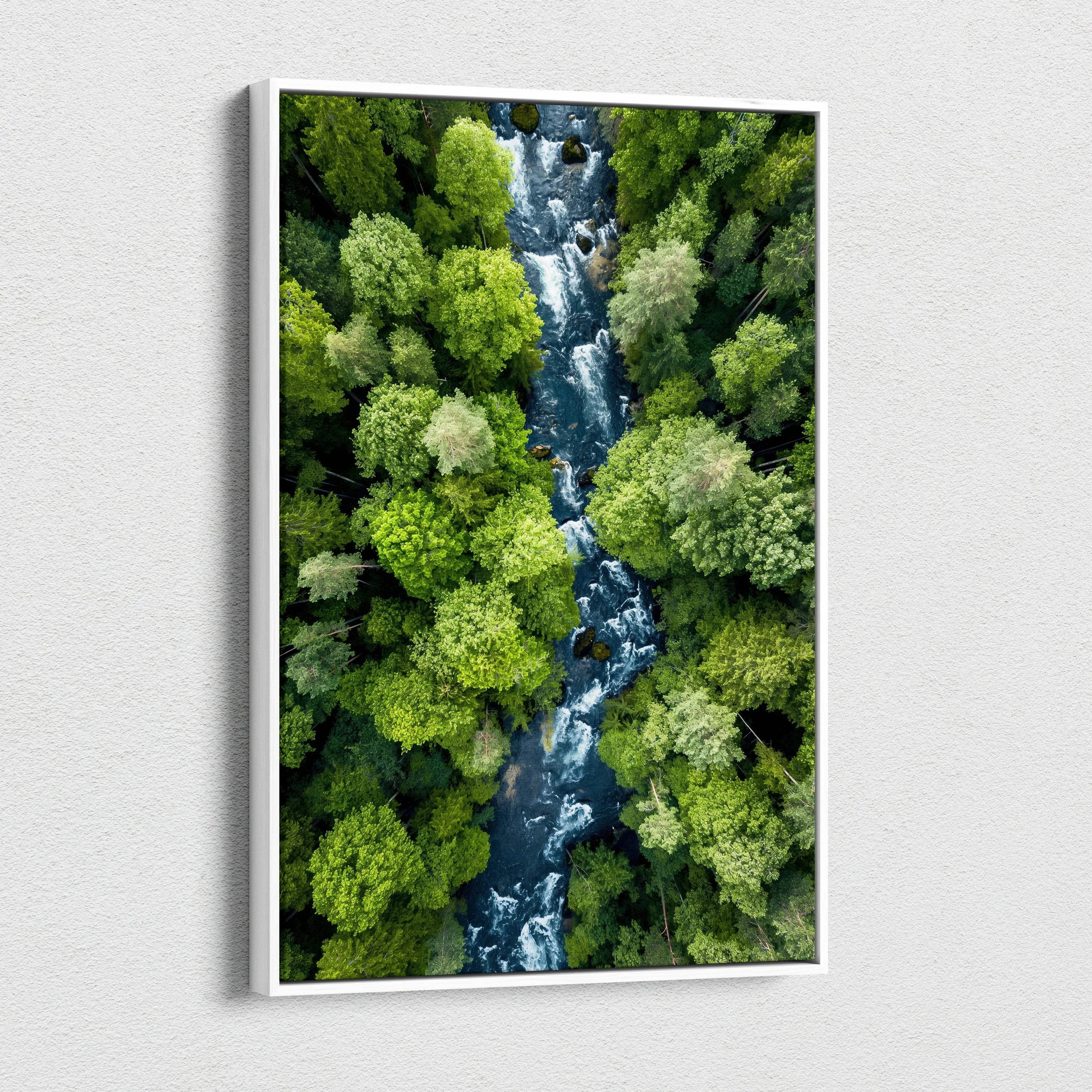 Vertical canvas wall art featuring a serene river flowing through dense green forest, tranquil nature decor.