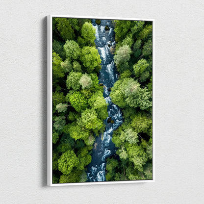 Vertical canvas wall art featuring a serene river flowing through dense green forest, tranquil nature decor.