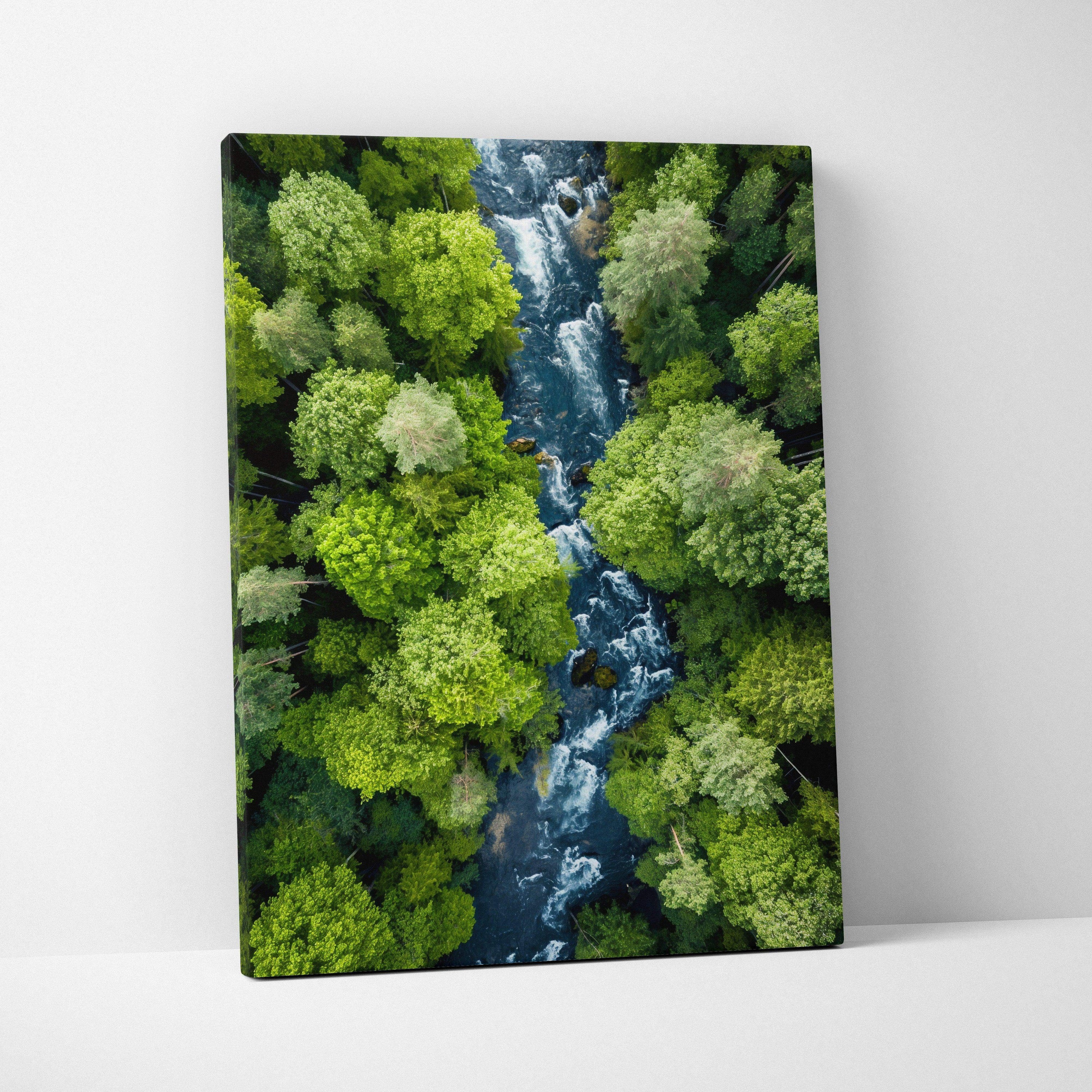 Vertical canvas wall art featuring a serene river flowing through lush green forest decor.