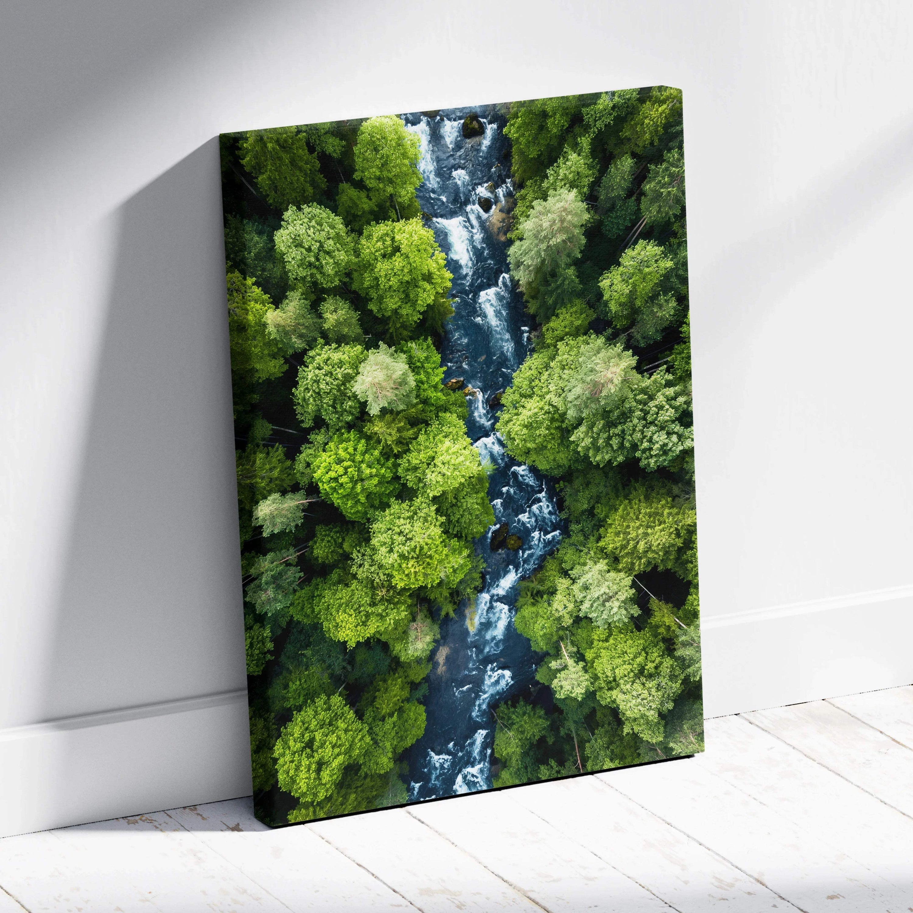 Vertical canvas wall art featuring a serene river winding through lush green forest trees, nature decor.