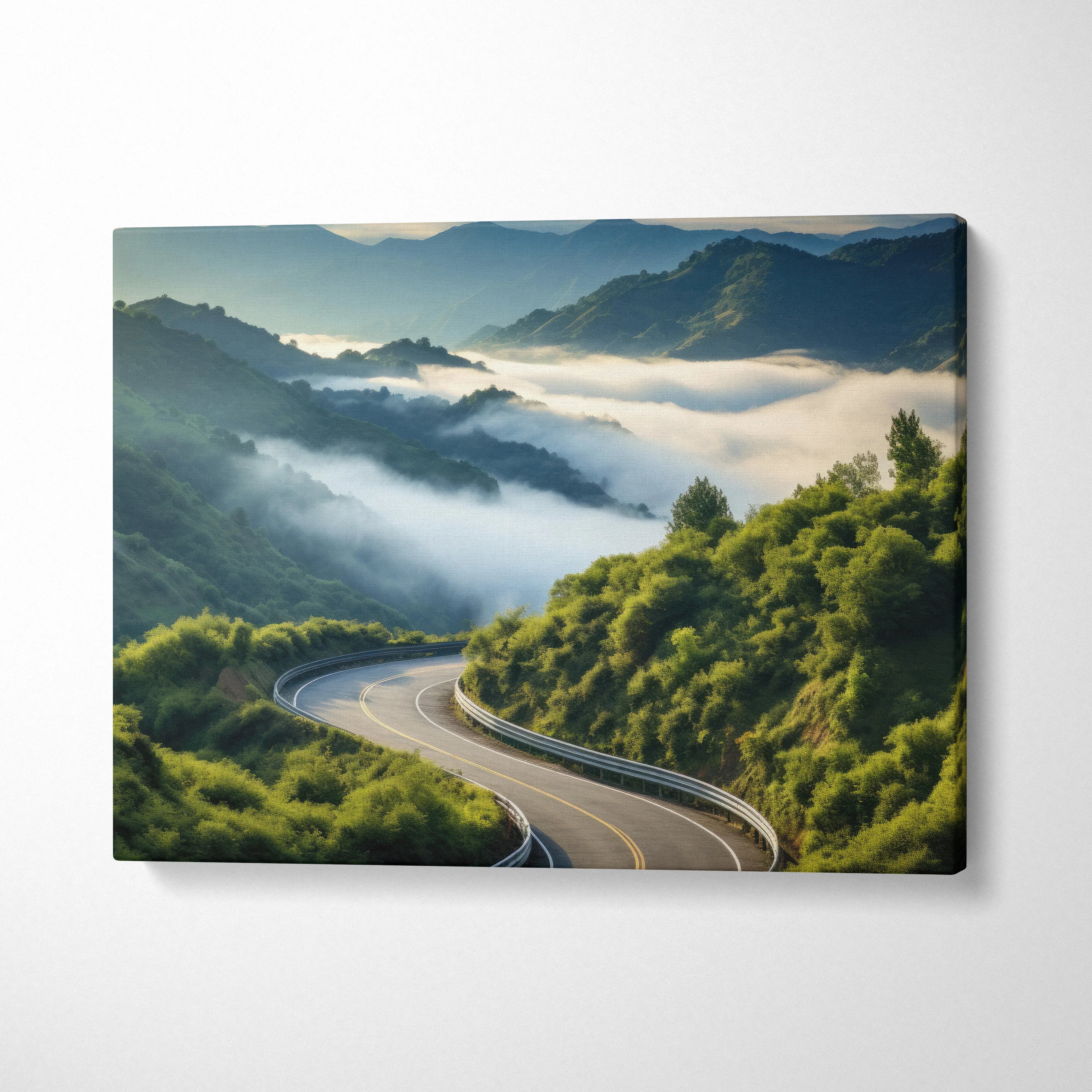 Canvas wall art featuring a serene forest landscape with winding road and misty mountains under soft sunlight.