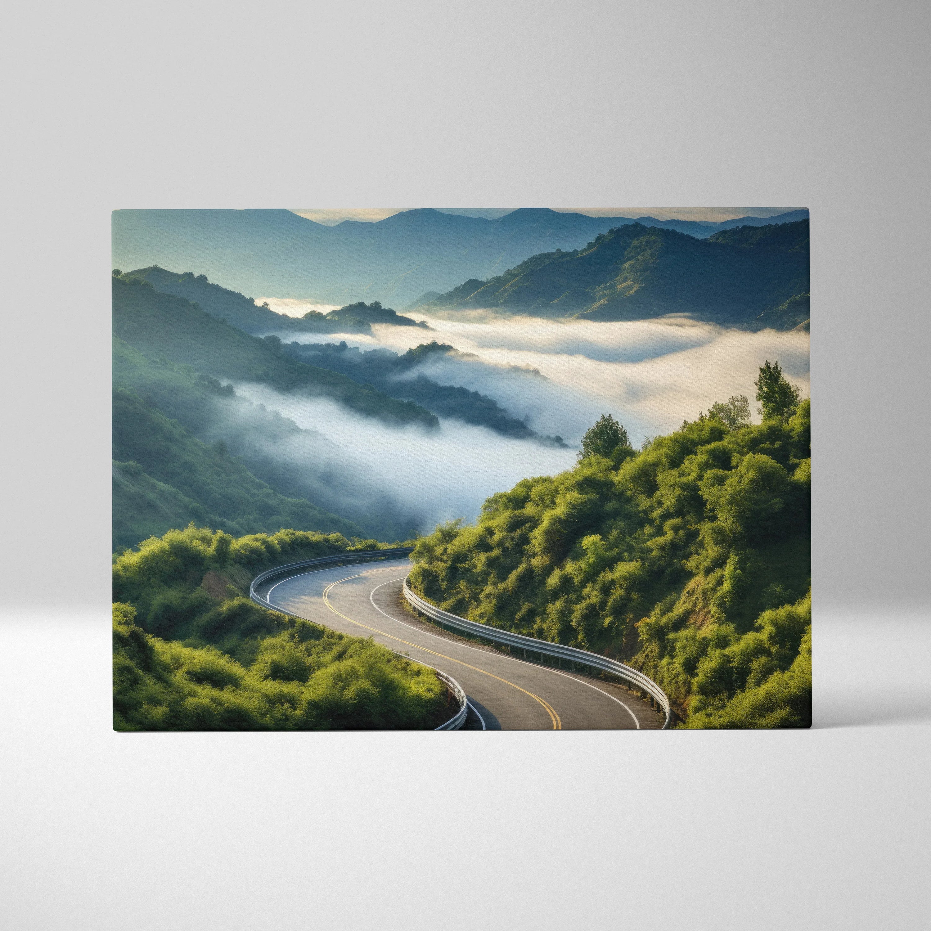 Serene forest landscape canvas wall art featuring winding road and misty mountains decor.