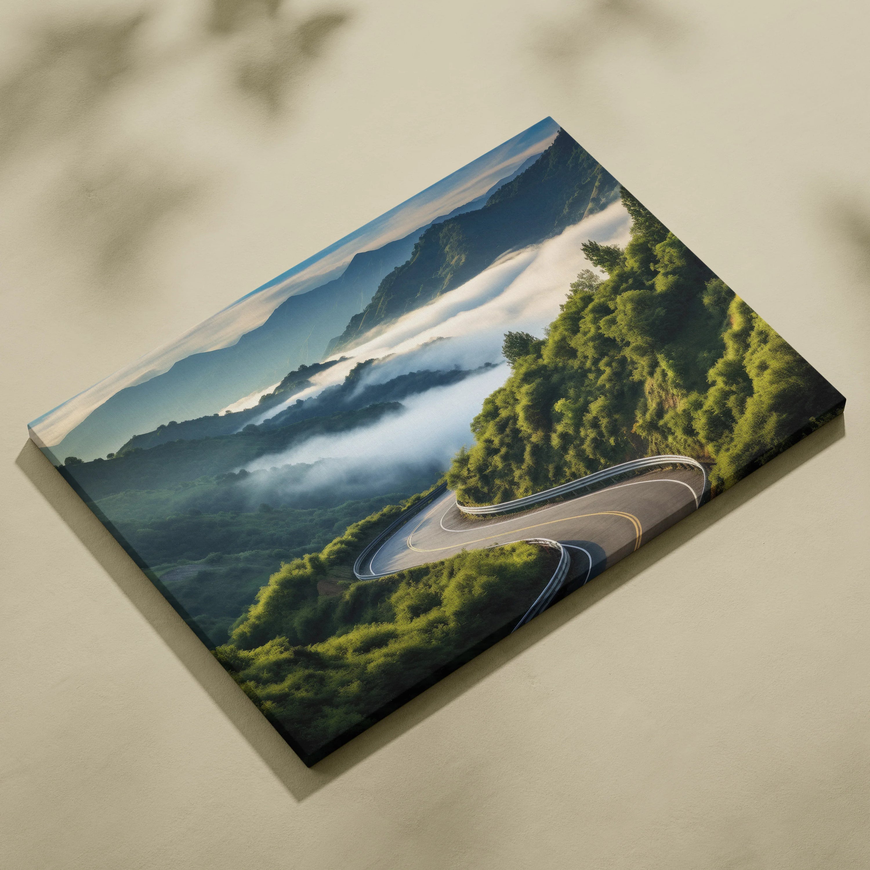 Serene forest landscape with winding road and misty mountains canvas wall art decor.