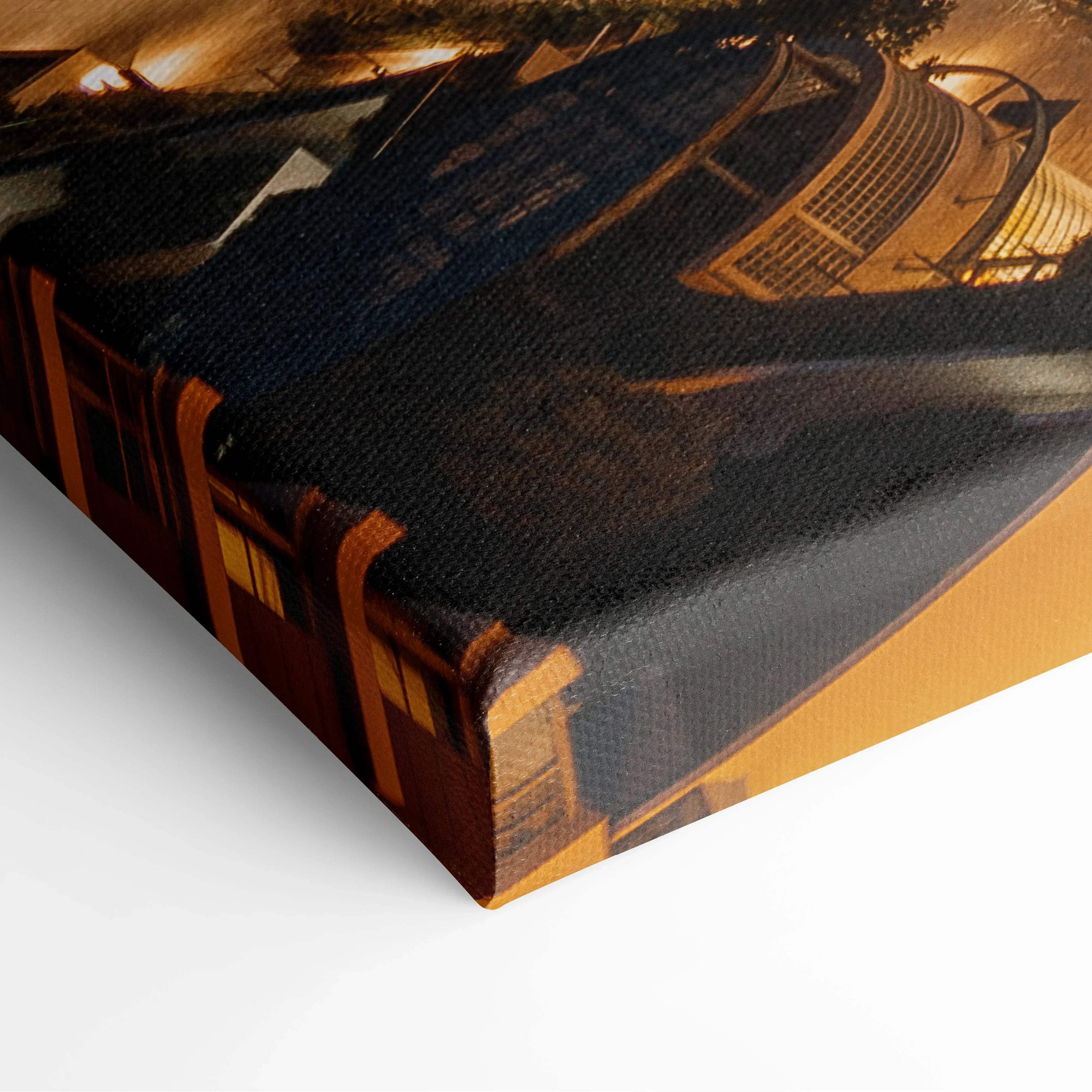 Canvas print of a modern cityscape with warm golden lights on architectural structures against dark textured skies