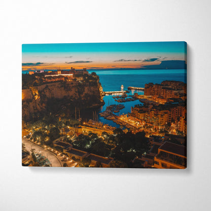 Premium architecture canvas wall art depicting illuminated coastal cityscape at sunset with vibrant sky colors.