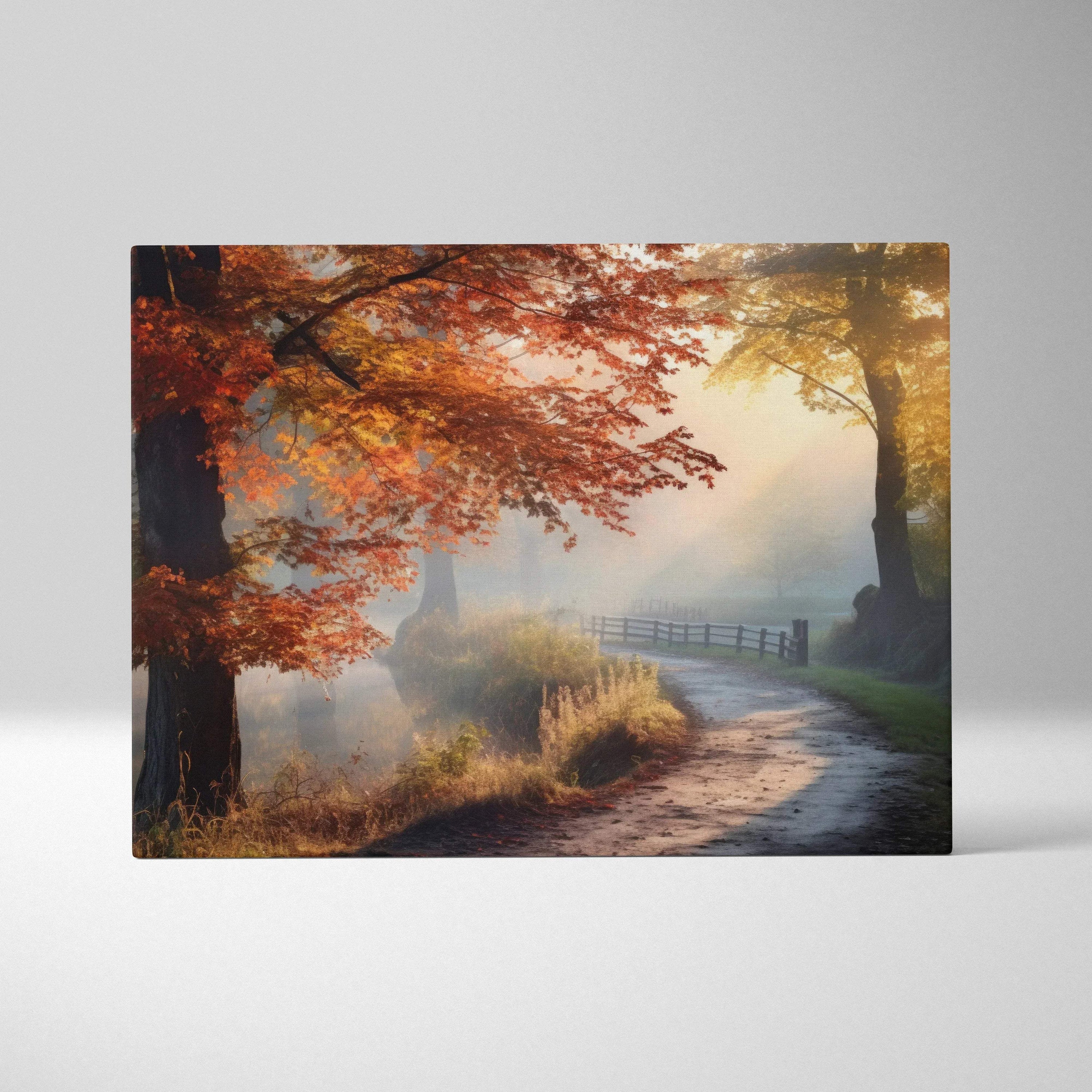 Autumn forest path with golden and red leaves on canvas wall art.