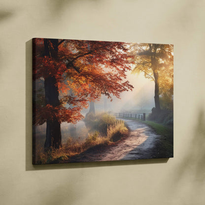 Autumn forest canvas art featuring golden leaves and a misty path, vibrant wall art print.