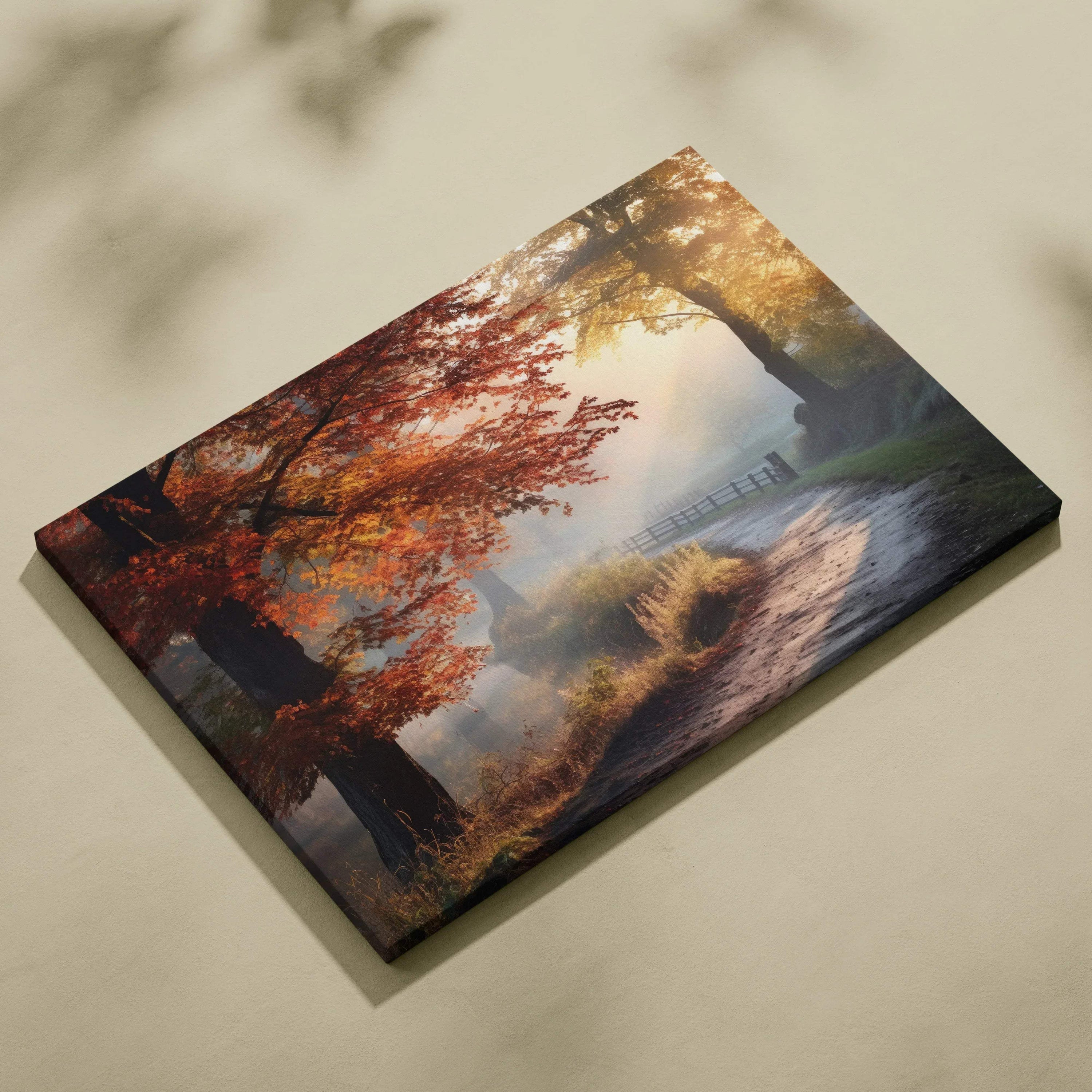 Canvas art featuring vibrant autumn forest with golden and red leaves and misty path wall art.