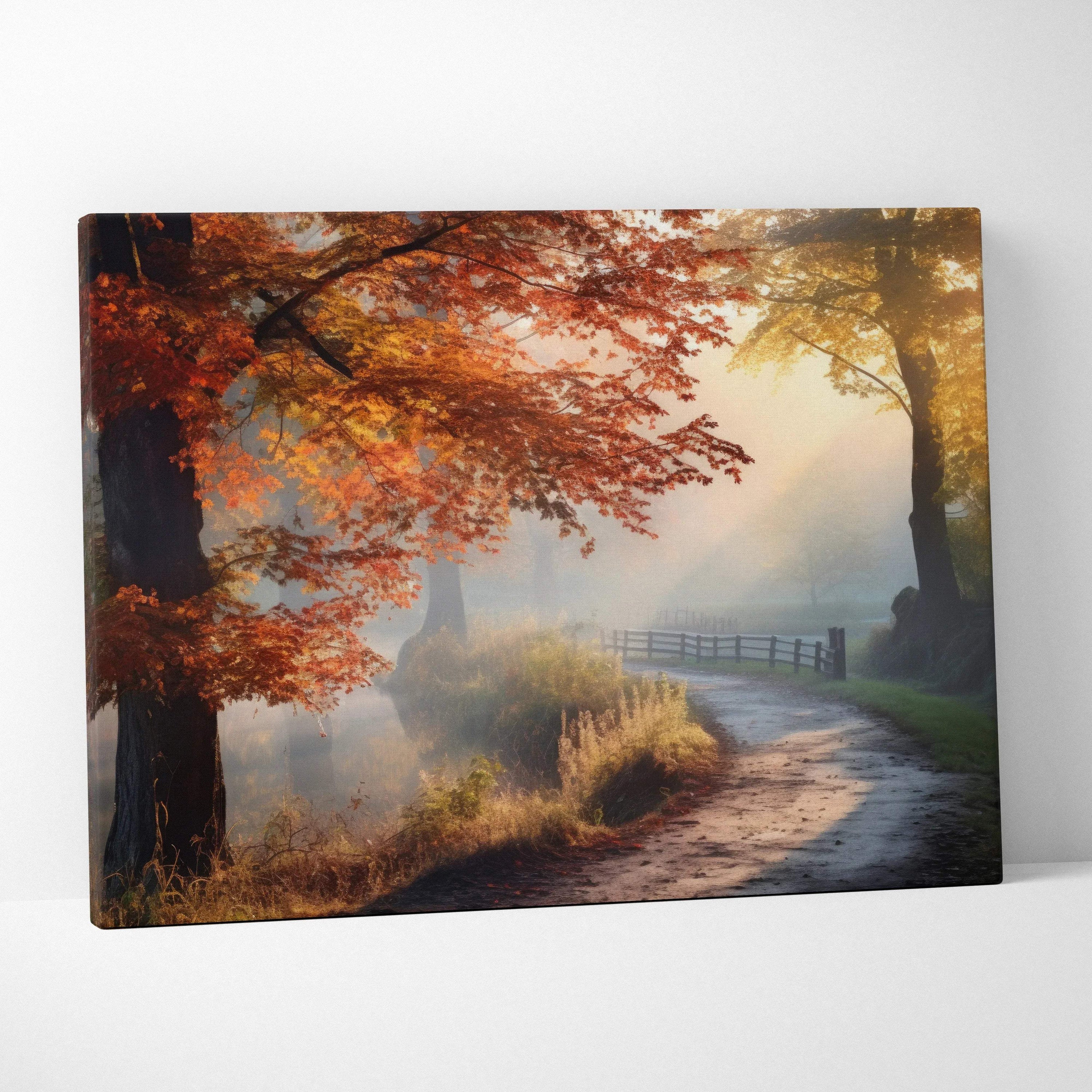 Autumn forest digital art canvas wall art with golden leaves and misty path in vibrant colors.