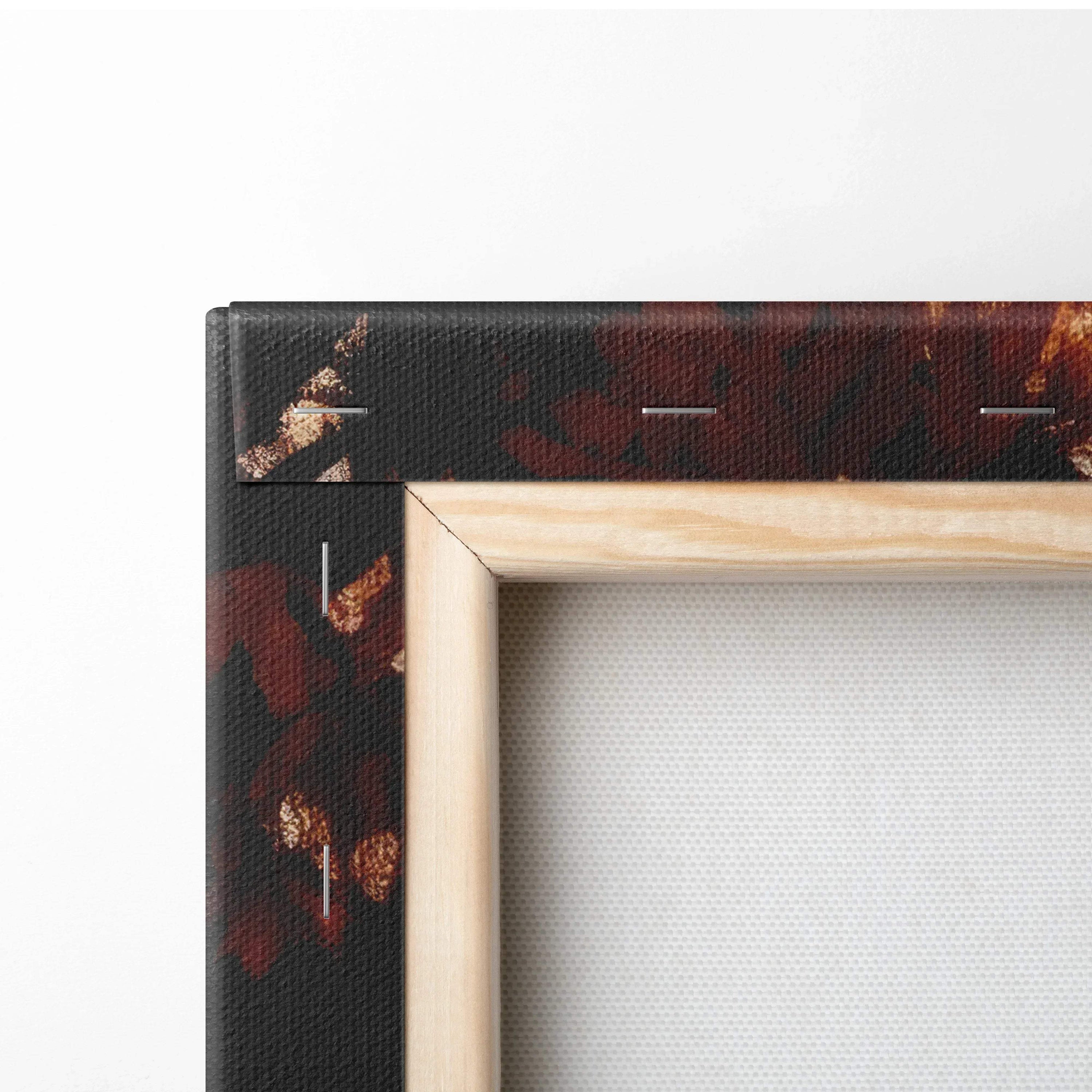 Close-up of wooden frame corner on autumn leaves digital art canvas wall art with dark tones.