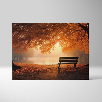 Autumn nature canvas art with fallen leaves and empty bench by serene lakeside wall art.