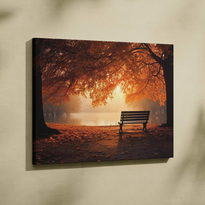 Autumn nature canvas wall art with falling leaves and a serene bench scene at sunset.