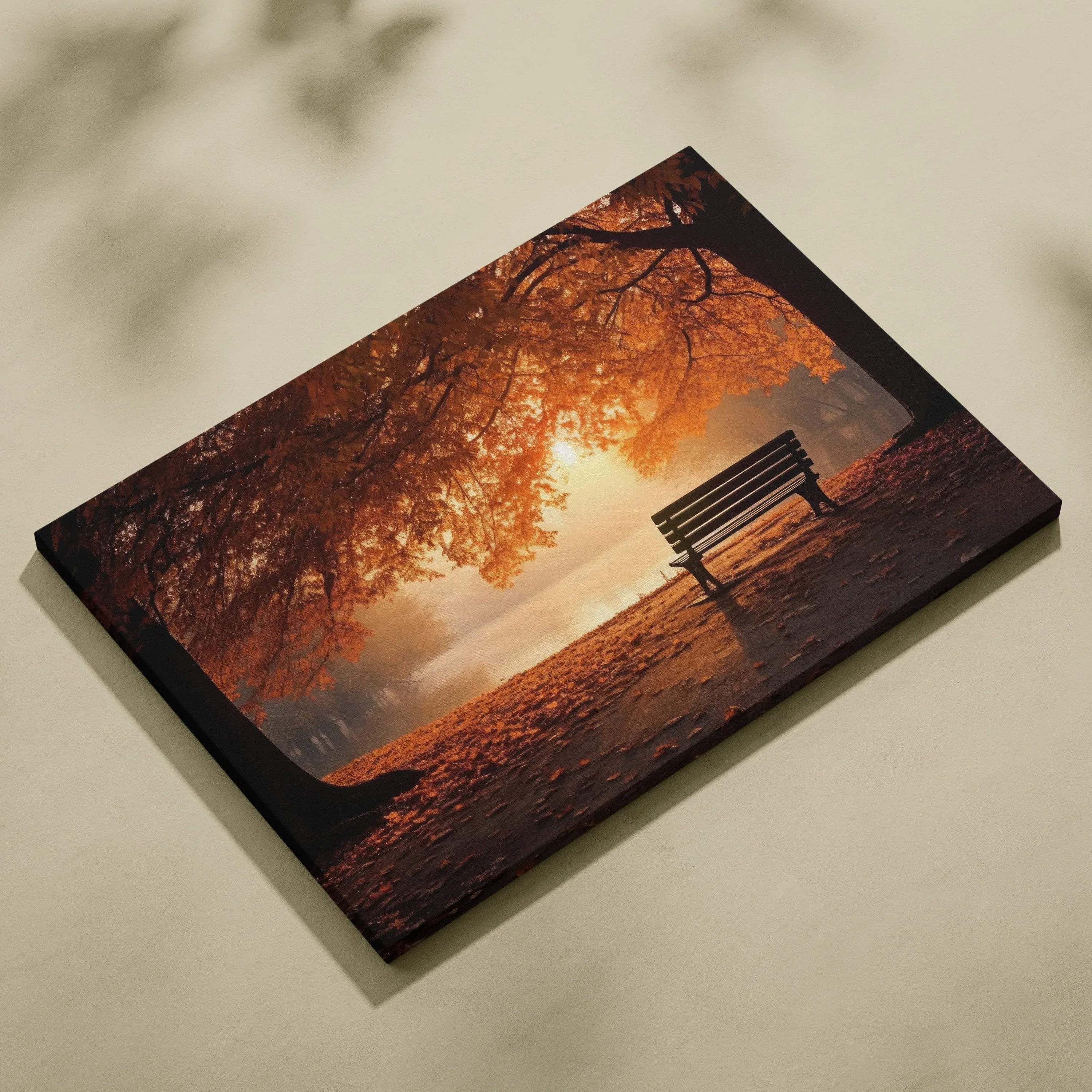 Autumn landscape canvas art with falling leaves and empty bench in warm sunset light wall art.