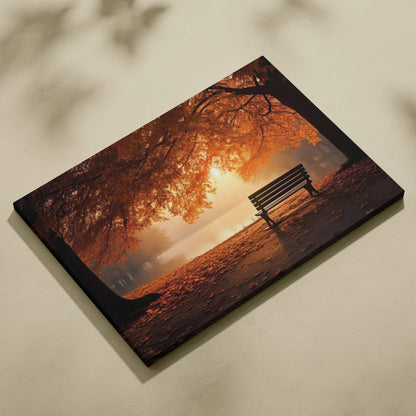 Autumn landscape canvas art with falling leaves and empty bench in warm sunset light wall art.
