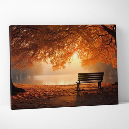 Autumn digital art canvas wall art featuring falling orange leaves and a serene empty bench by a misty lake.