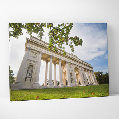 Large rectangular canvas art featuring classical architecture with tall white columns and detailed stone carvings under a.