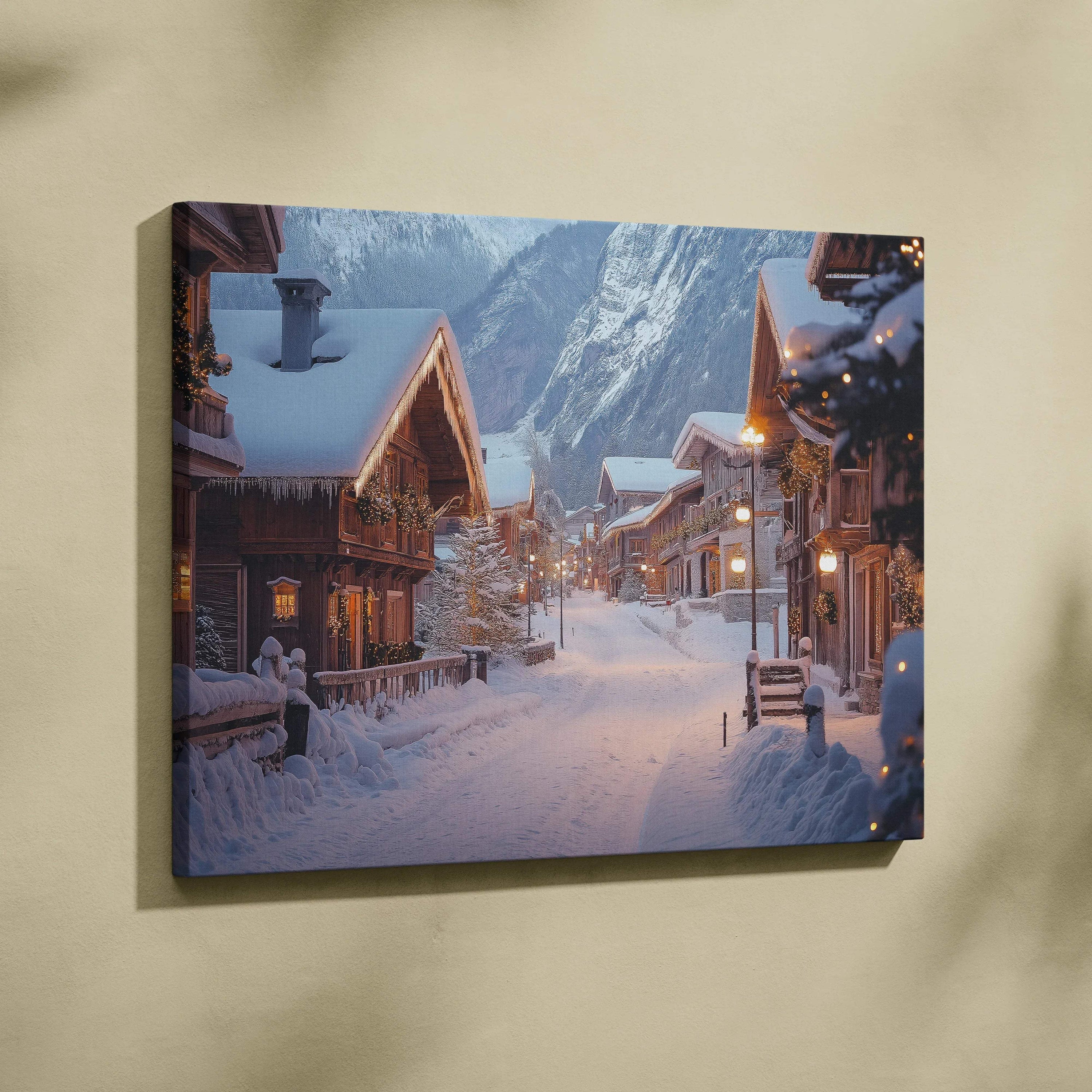 Canvas wall art featuring a snowy winter village scene with cozy wooden cabins and soft evening lights against mountain.
