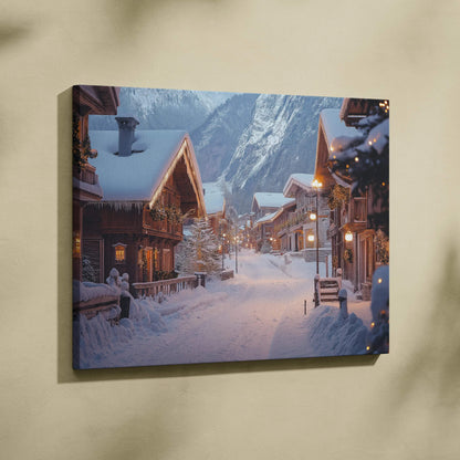 Canvas wall art featuring a snowy winter village scene with cozy wooden cabins and soft evening lights against mountain.