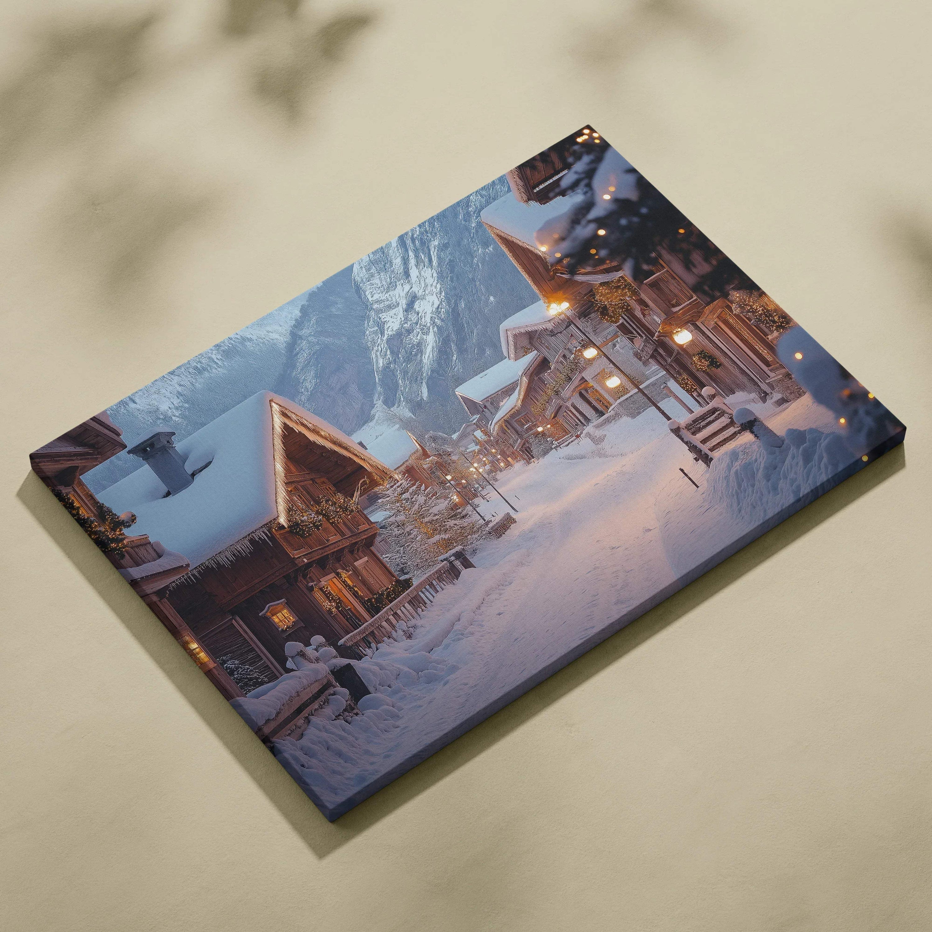 Snowy winter village scene on canvas wall art with cozy wooden cabins and soft evening light.