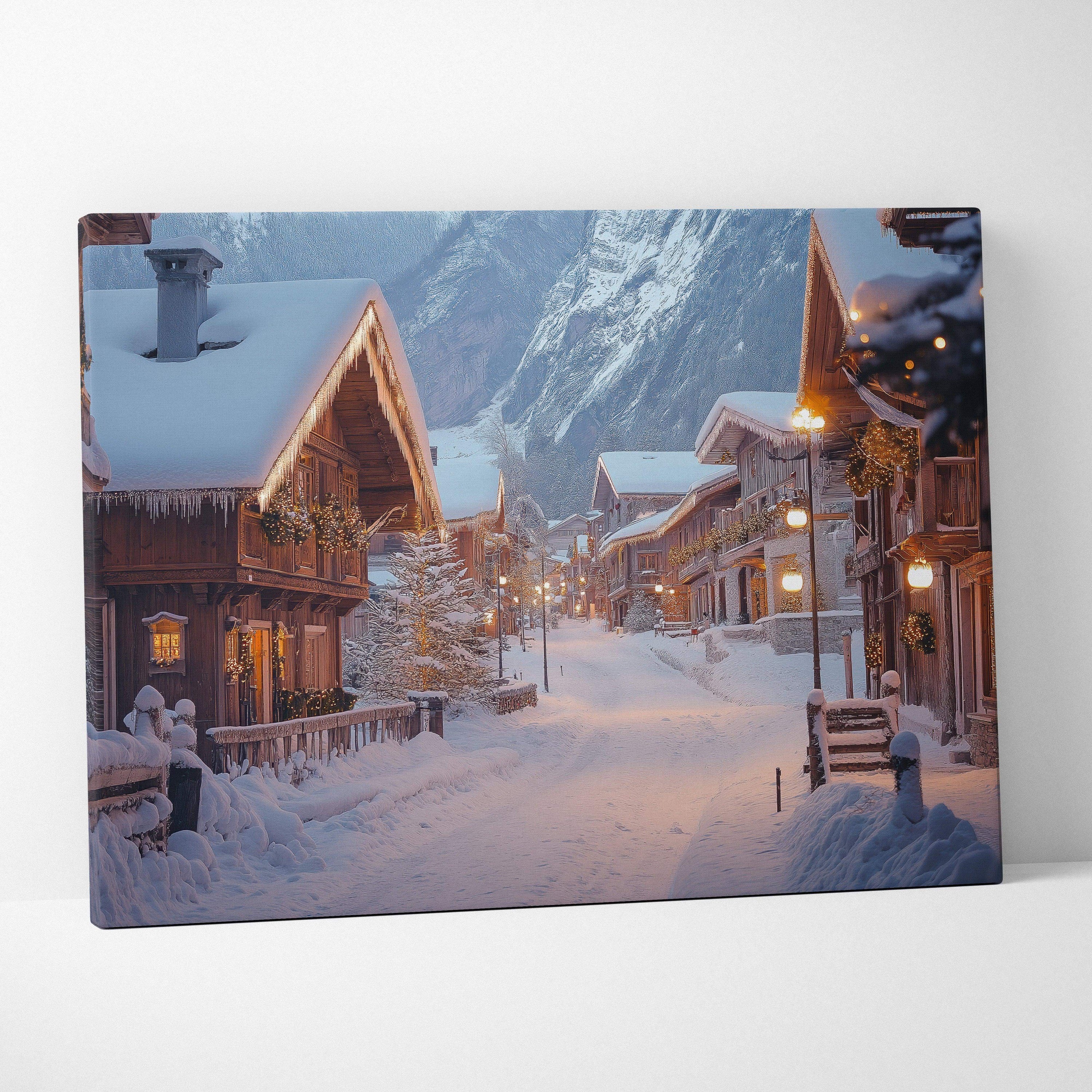 Canvas print of a snowy winter village street with wooden houses and warm glowing lights at dusk.