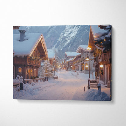 Snowy winter village scene canvas wall art with cozy wooden cabins and mountain backdrop decor.