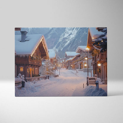 Canvas wall art depicting a snowy winter village with lit cottages and mountain backdrop in soft blue and warm tones.