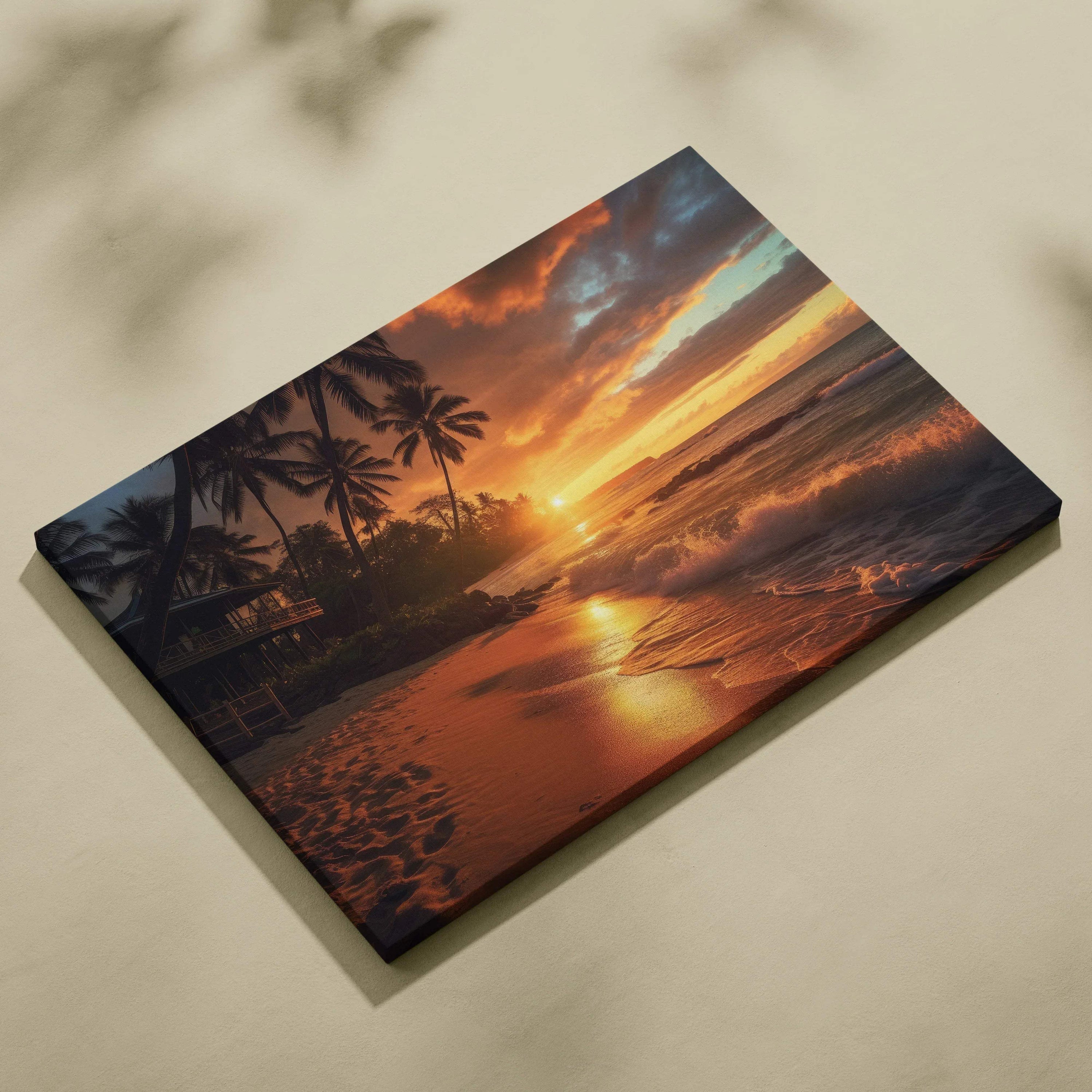 Canvas wall art featuring a tropical beach at sunset with silhouetted palm trees and vibrant orange and purple skies.