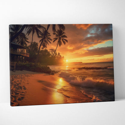 Canvas wall art featuring a tropical beach at sunset with palm trees and glowing orange sky.