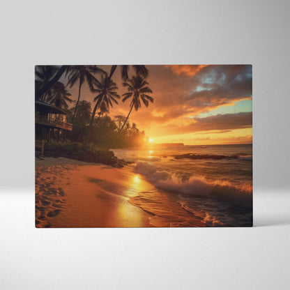 Canvas wall art featuring a vibrant tropical beach sunset with palm trees and glowing orange sky.