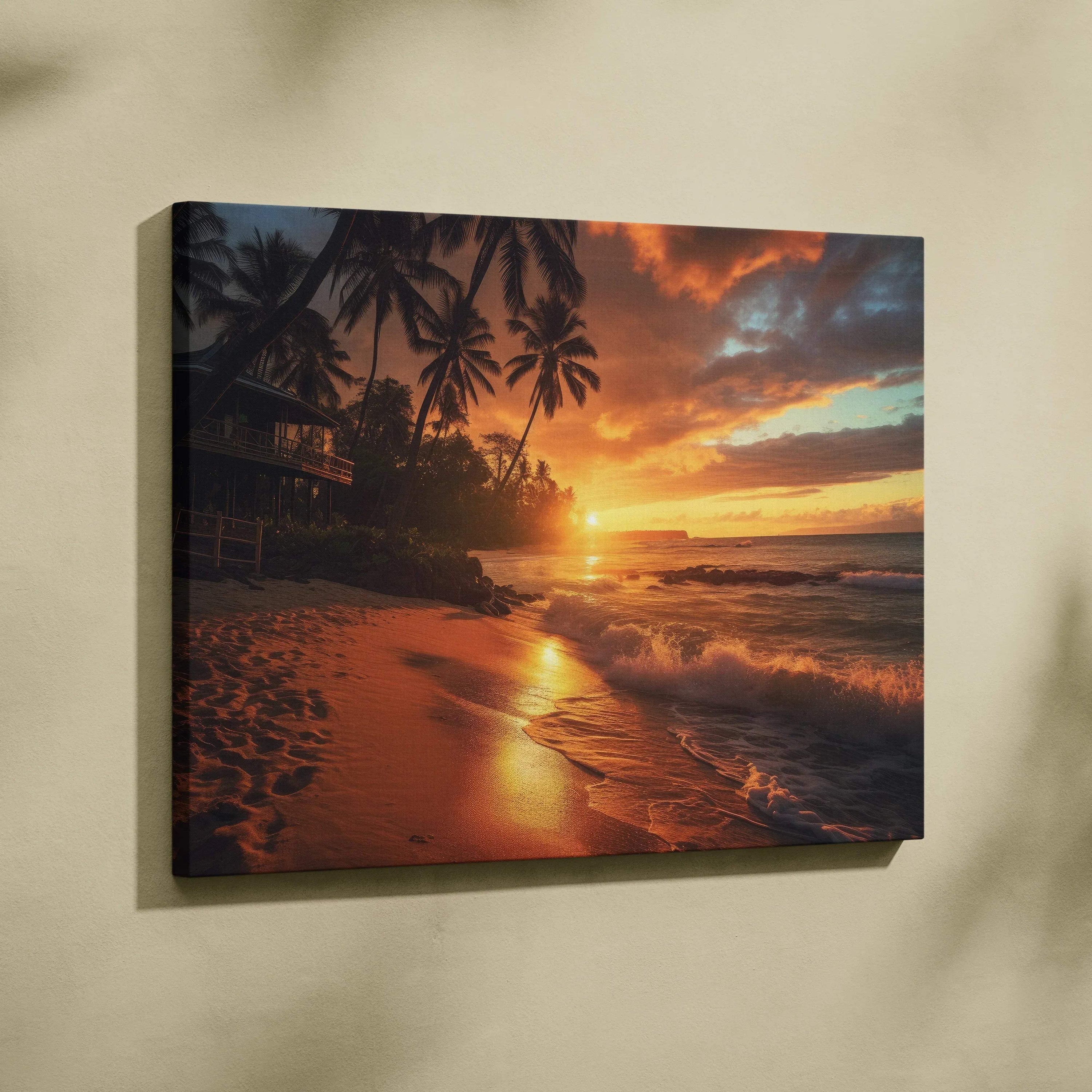 Canvas wall art featuring a vibrant tropical beach sunset with palm trees silhouetted against orange and pink sky above.