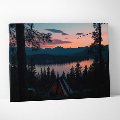 Canvas wall art featuring a forest scene at sunset with silhouetted trees and mountains.
