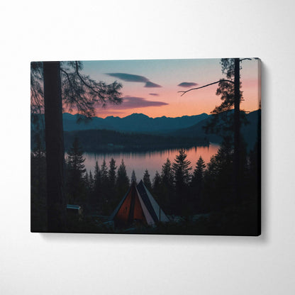 Canvas wall art featuring a vibrant forest sunset with silhouette trees and serene lake decor.