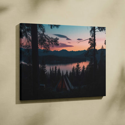 Canvas wall art featuring a forest sunset with silhouetted trees and a glowing sky over a tranquil lake.