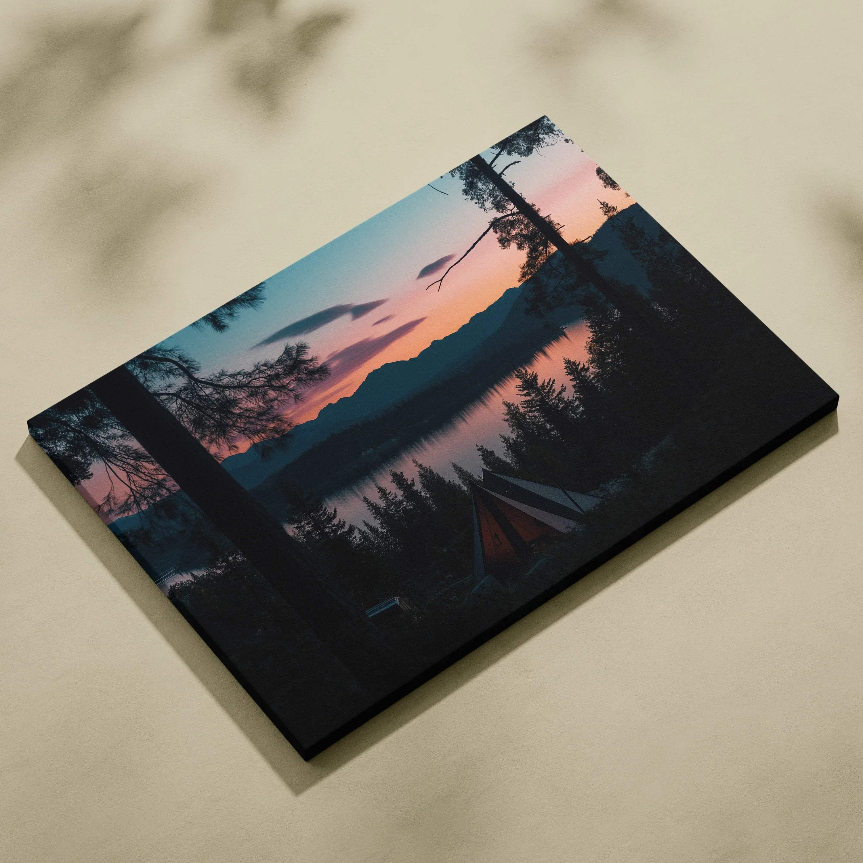 Forest sunset canvas wall art with silhouetted trees and a lake, vibrant colorful sky decor.