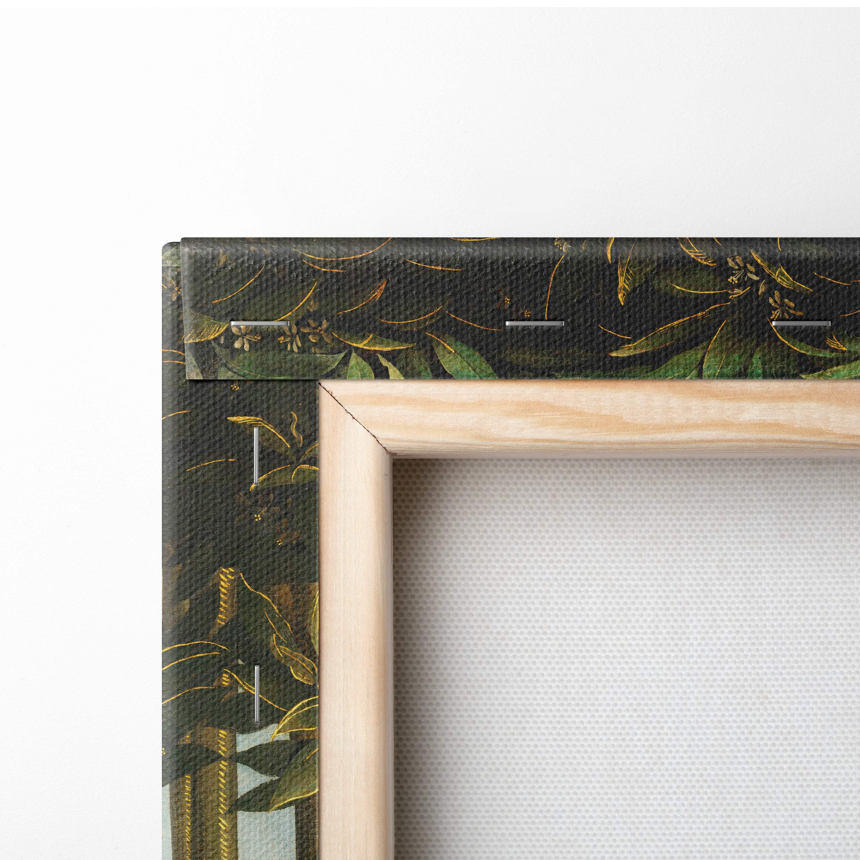 Birth of Venus Botticelli canvas print in wooden frame with dark green gold botanical design